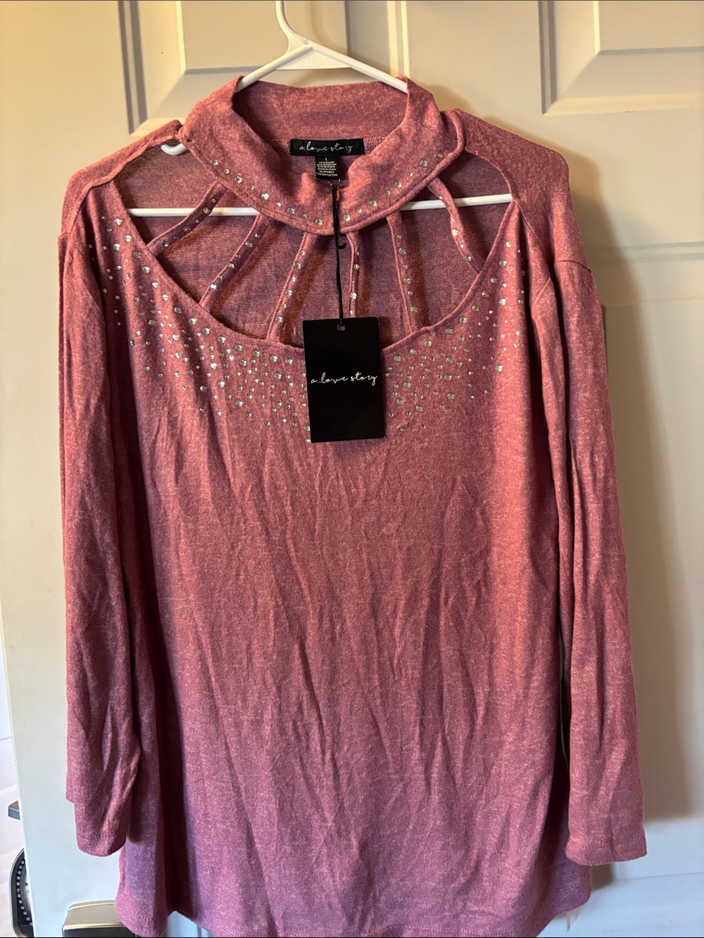 A. Laverty Pink Rhinestone-Embellished Cutout Turtleneck Sweater